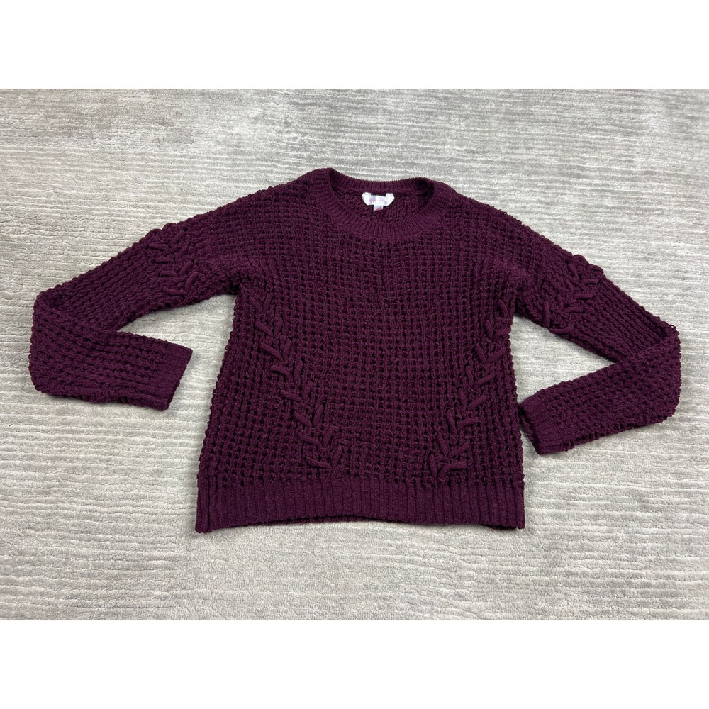 No‎ Boundaries Sweater Womens XS Purple Chenille Knit Cable Detail Long Sleeve